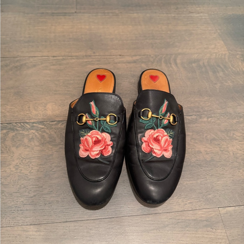 Gucci Black and Pink Floral Embroidered Mules